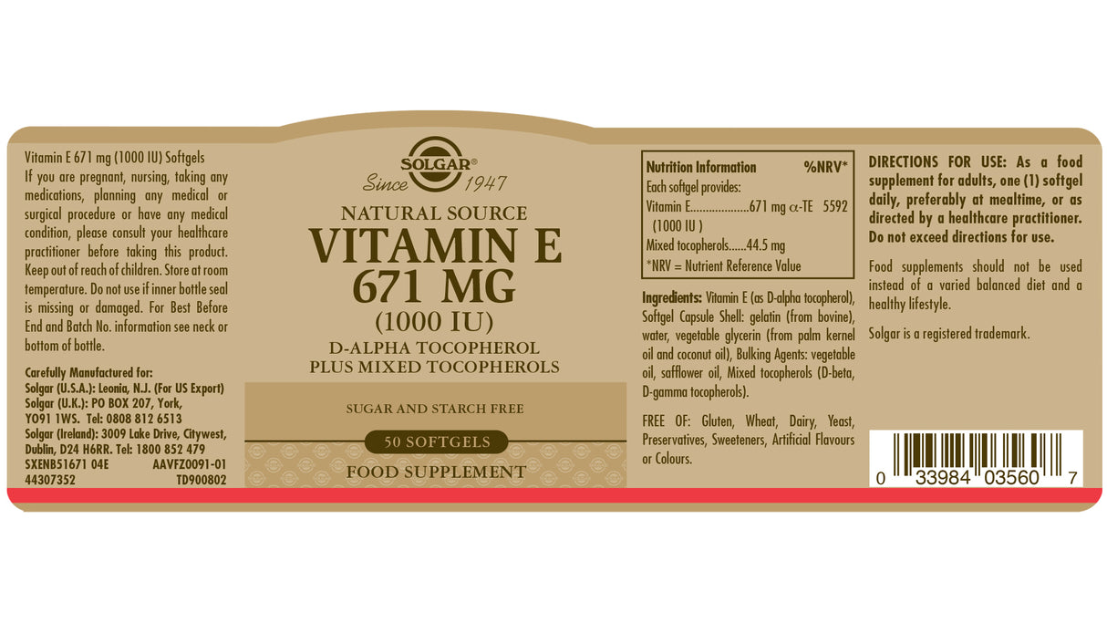 Solgar® Natural Source Vitamin E 671 mg (1000 IU) Softgels - Greenlands Health Store