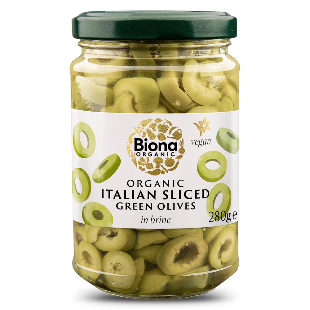Italian Sliced Green Olives in Brine Organic 280g - Greenlands Health Store