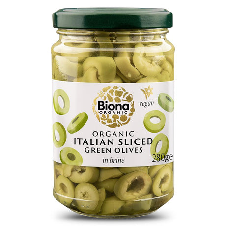 Italian Sliced Green Olives in Brine Organic 280g - Greenlands Health Store
