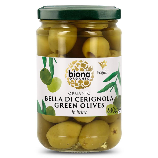 Biona Italian Bella di Cerignola Olives in Brine Organic 280g - Greenlands Health Store