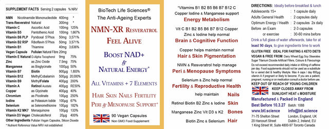 NMN - XR Resveratrol Vitamins Anti - Ageing Hair Skin Menopause 90 - Greenlands Health Store