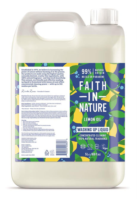 Faith in Nature Lemon Washing Up Liquid 5 Ltr - Greenlands Health Store