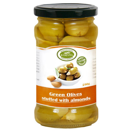 Korvel Greek Green Olives with Almonds Super Colossal 290g - Greenlands Health Store