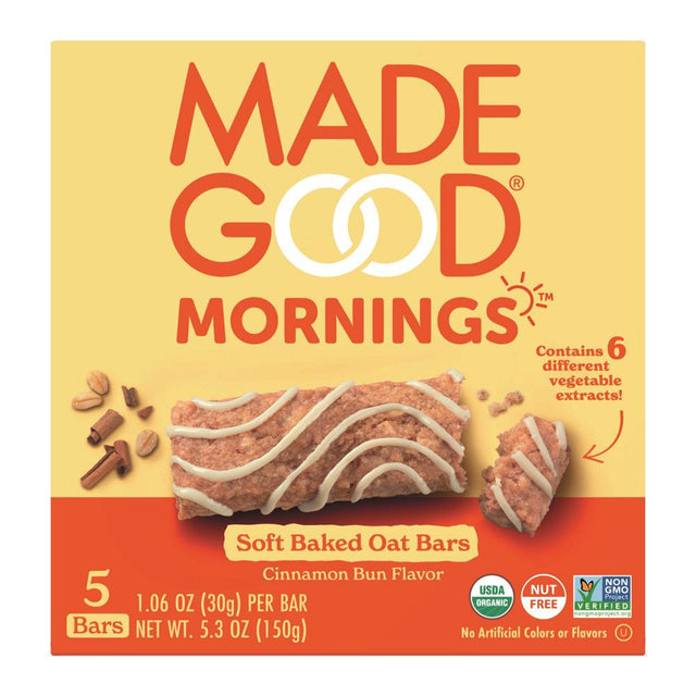 MadeGood Morning Oat Bar Cinnamon Bun 5 x 30g Multipack - Greenlands Health Store