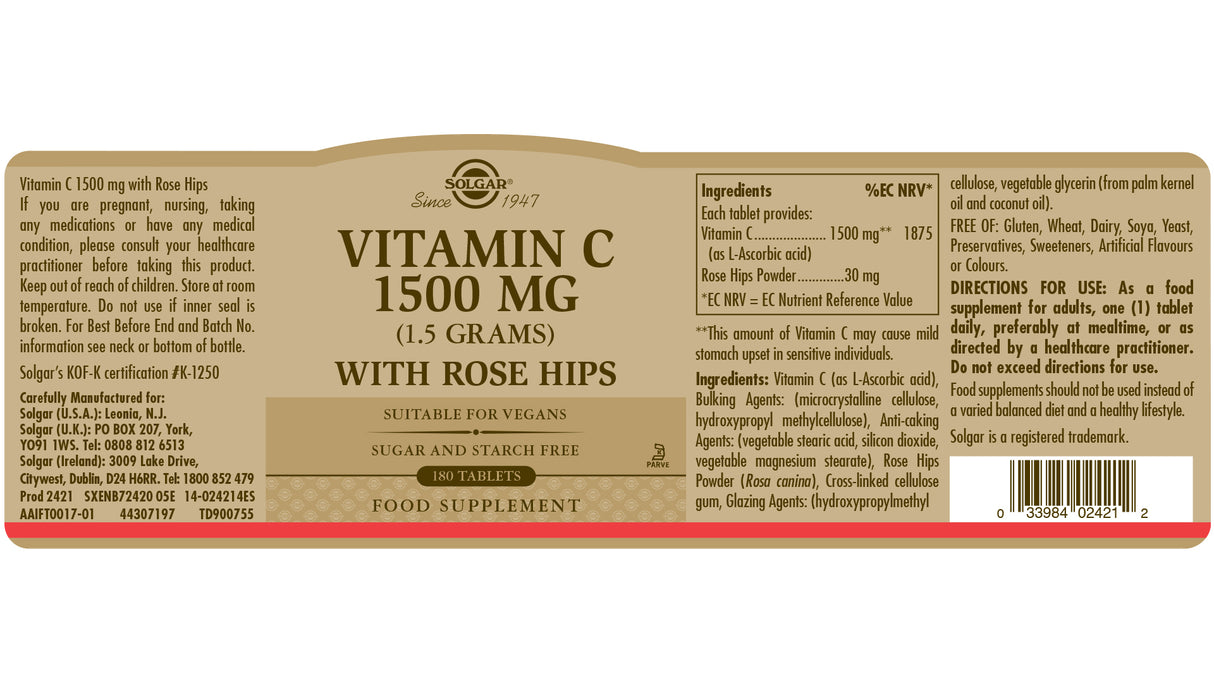 Solgar® Vitamin C 1500 mg (1.5 grams) with Rose Hips Tablets - Greenlands Health Store