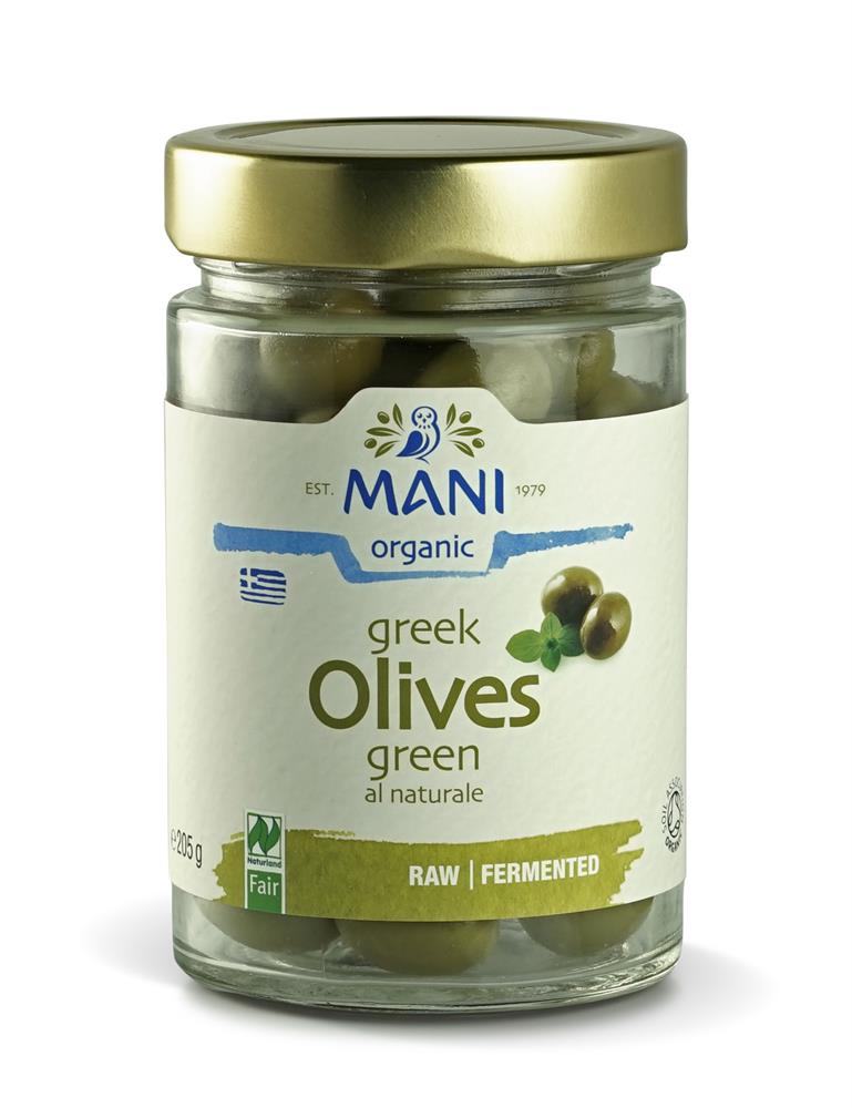 MANI Organic Green Olives al Naturale 205g - Greenlands Health Store
