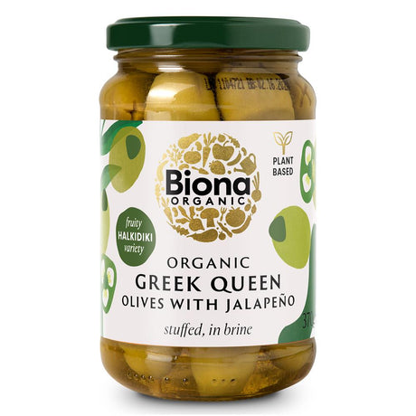 Biona Organic Greek Queen Olives with Jalapeno 370g - Greenlands Health Store