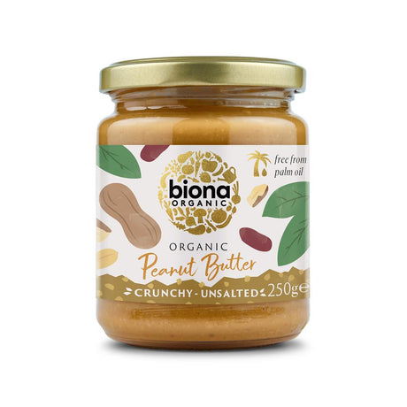 Biona Organic Peanut Butter Crunchy Unsalted 250g - Greenlands Health Store