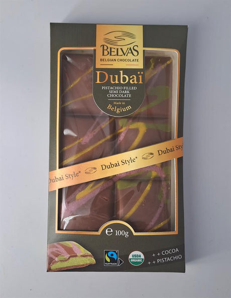Belvas Tablette Dubai Pistachio Semi Dark Chocolate Bar 100g - Greenlands Health Store