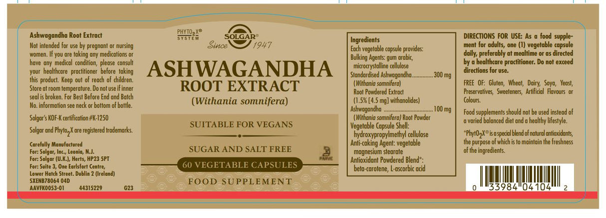 Solgar® Ashwagandha Root Extract Vegetable Capsules - Pack of 60 - Greenlands Health Store