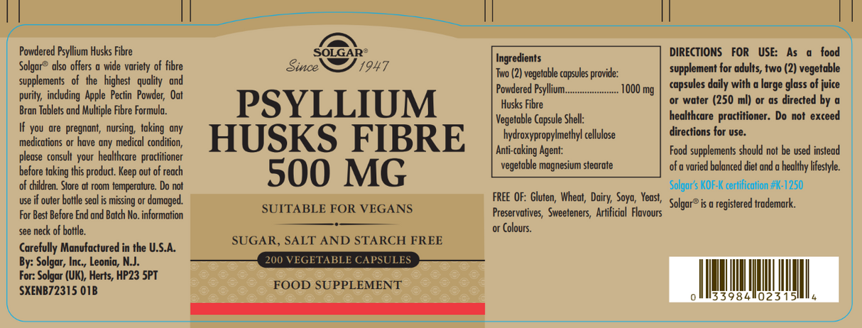 Solgar® Psyllium Husks Fibre 500 mg Vegetable Capsules - Pack of 200 - Greenlands Health Store
