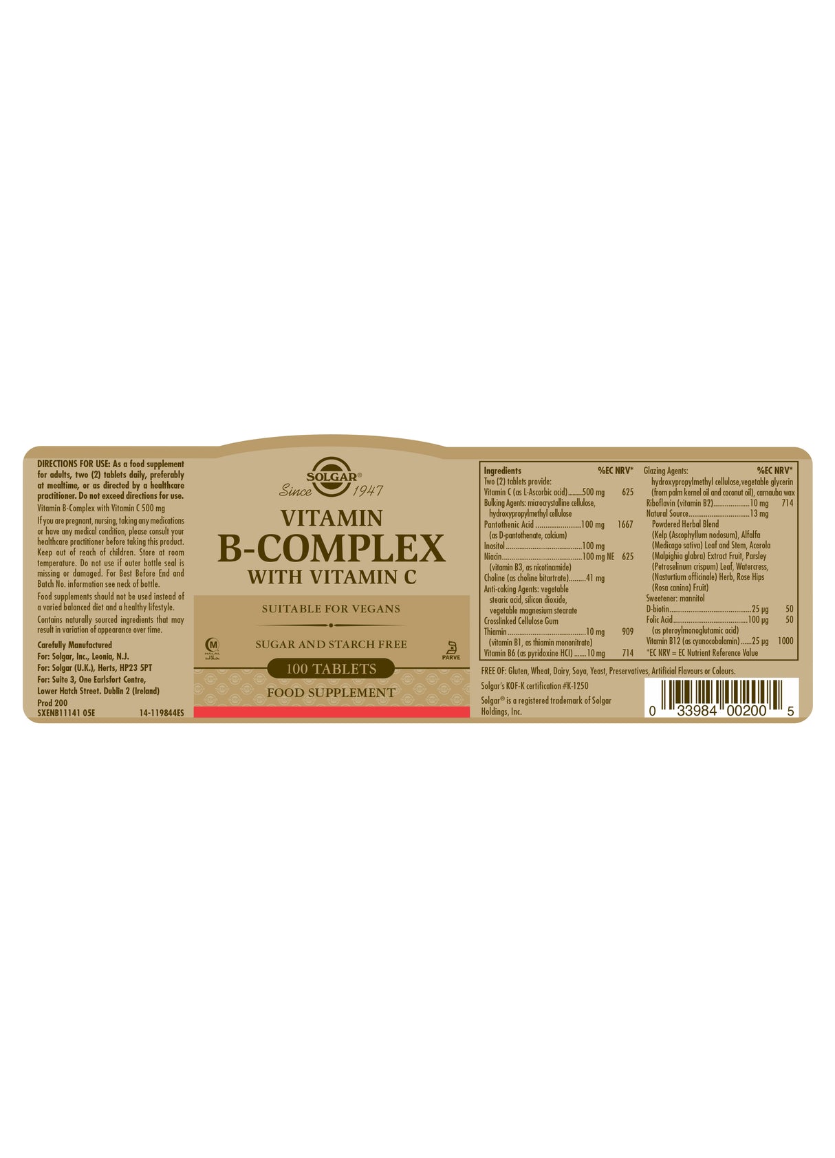 Solgar® Vitamin B-Complex with Vitamin C Tablets - Greenlands Health Store