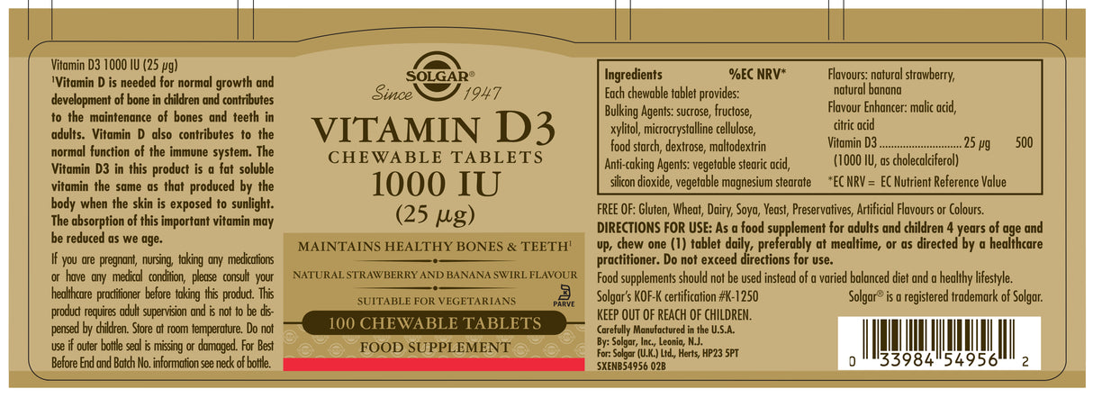 Solgar® Vitamin D3 1000 IU (25 µg) Chewable Tablets - Pack of 100 - Greenlands Health Store
