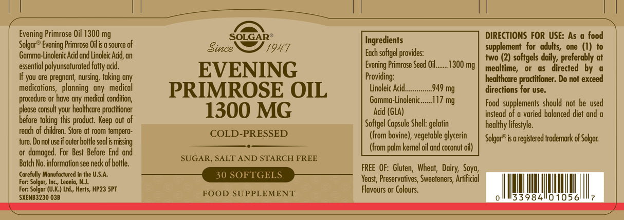 Solgar® Evening Primrose Oil 1300 mg Softgels - Pack of 30 - Greenlands Health Store