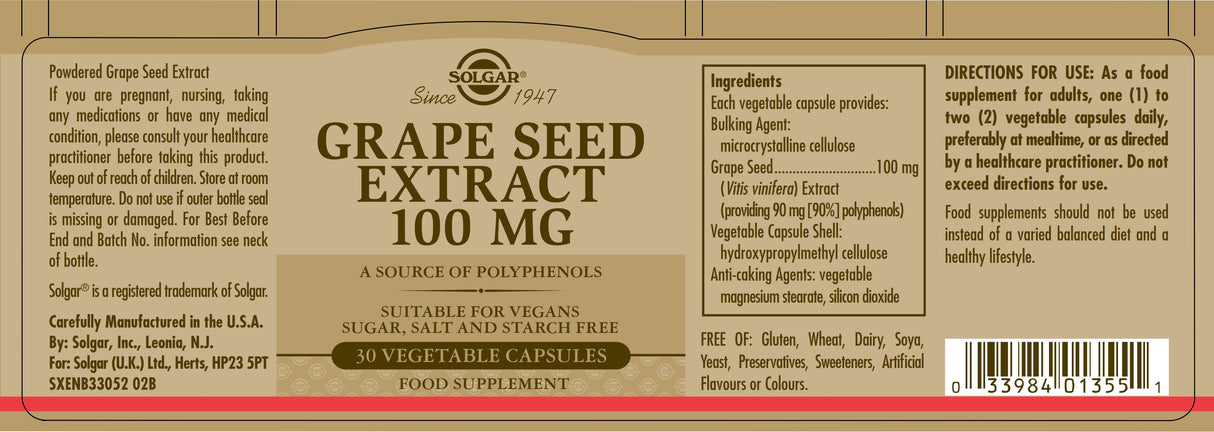 Solgar® Grape Seed Extract 100 mg Vegetable Capsules - Pack of 30 - Greenlands Health Store