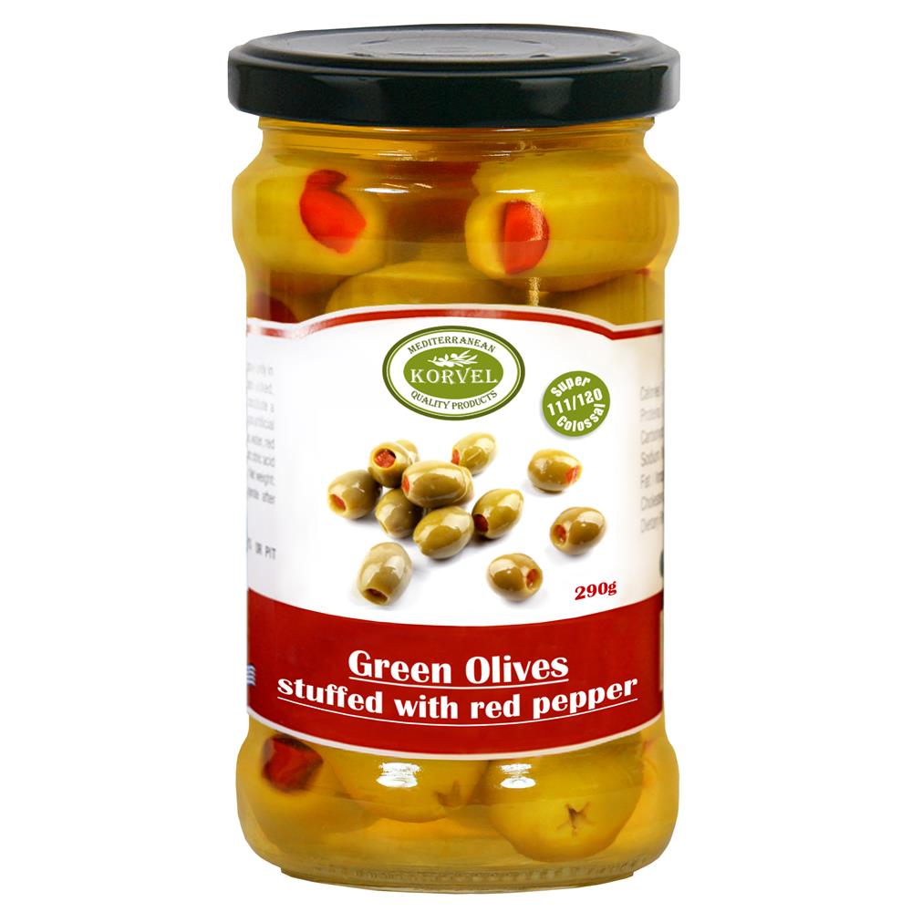 Korvel Greek Green Olives with Sweet Red Pepper Super Colossal 290g - Greenlands Health Store