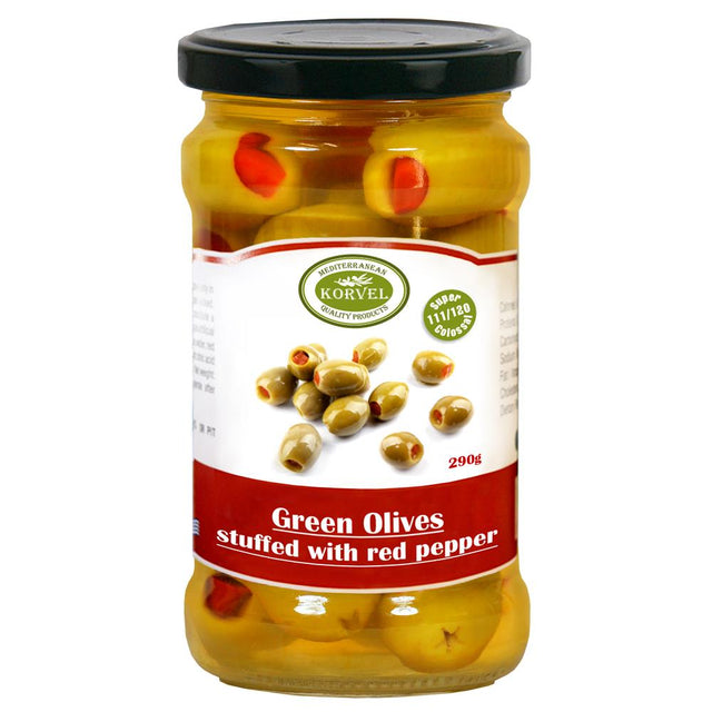 Korvel Greek Green Olives with Sweet Red Pepper Super Colossal 290g - Greenlands Health Store