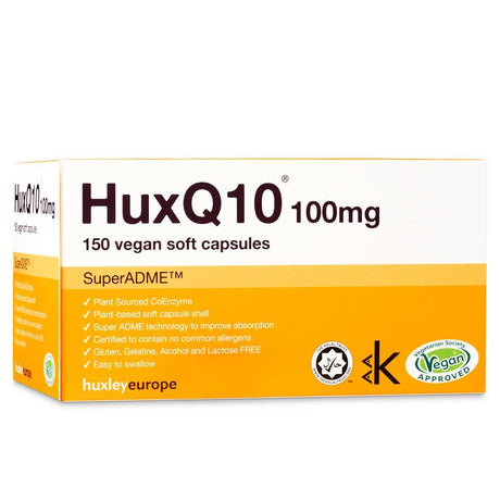 HuxQ10 100mg Co Enzyme Q10 Vegan Halal Kosher 150 soft capsules - Greenlands Health Store