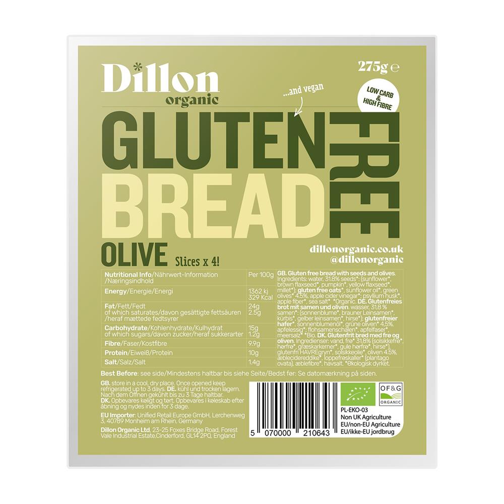 Dillon Organic Sliced Gluten Free Olive Bread 275g - Greenlands Health Store