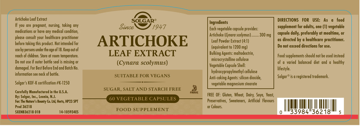 Solgar® Artichoke Leaf Extract 300 mg Vegetable Capsules - Pack of 60 - Greenlands Health Store