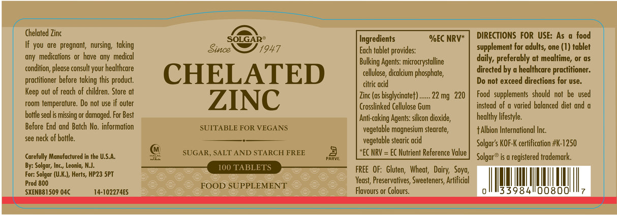 Solgar® Chelated Zinc Tablets - Pack of 100 - Greenlands Health Store
