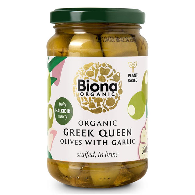 Biona Organic Greek Queen Olives Stuffed with Garlic 370g - Greenlands Health Store