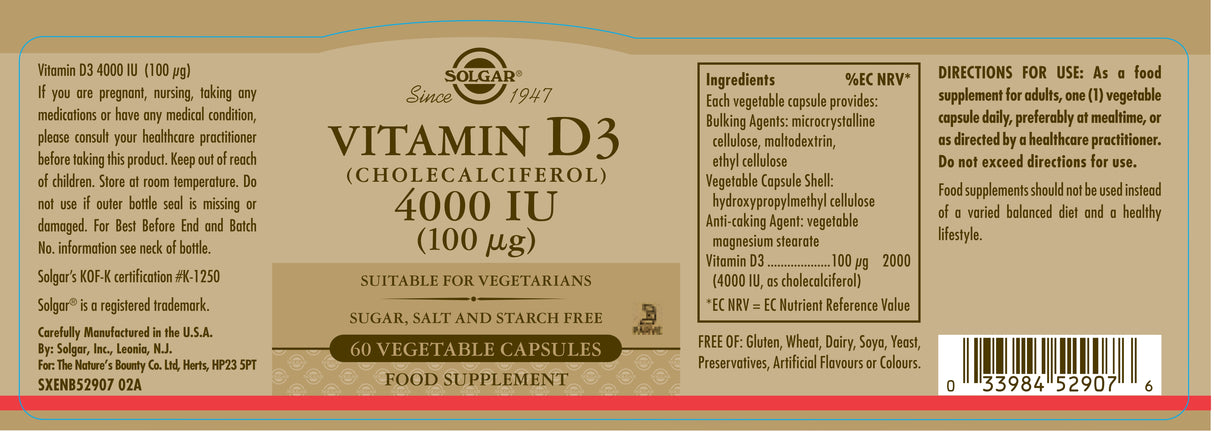 Solgar® Vitamin D3 (Cholecalciferol) 4000 IU (100 µg) Vegetable Capsules - Greenlands Health Store