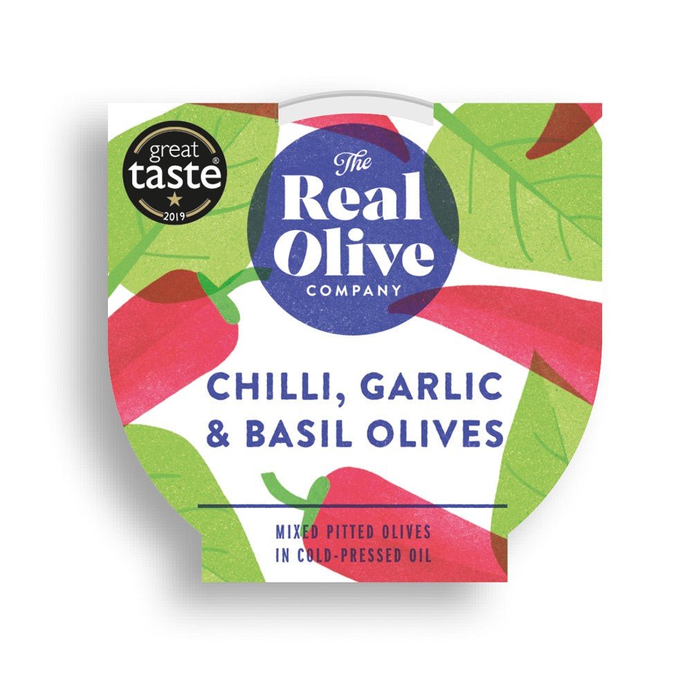 Chilli Garlic and Basil Pitted Olives 160g - Greenlands Health Store