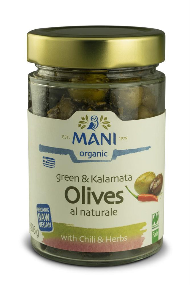 MANI Organic Mixed Olives with Chilli and Herbs 205g - Greenlands Health Store