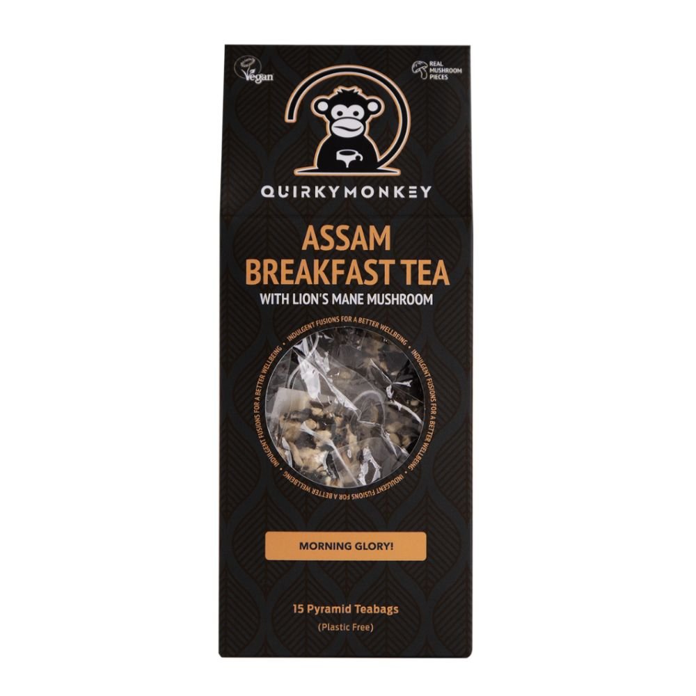 Quirky Monkey Assam Breakfast Tea Lion's Mane x 15 Pyramid Teabags - Greenlands Health Store