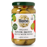 Biona Organic Greek Queen Olives with Red Pepper 370g - Greenlands Health Store