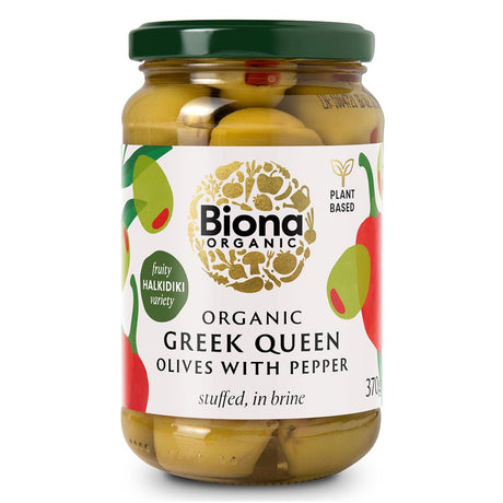 Biona Organic Greek Queen Olives with Red Pepper 370g - Greenlands Health Store