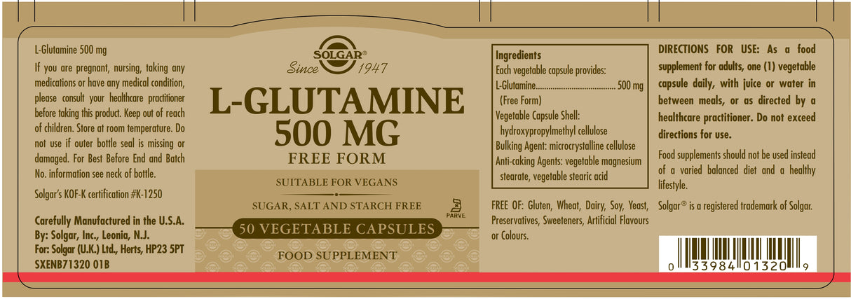 Solgar® L-Glutamine 500 mg Vegetable Capsules - Greenlands Health Store