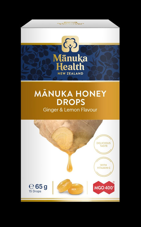 MGO 400+ Manuka Honey Drops with Ginger & Lemon 65gm - 15' - Greenlands Health Store