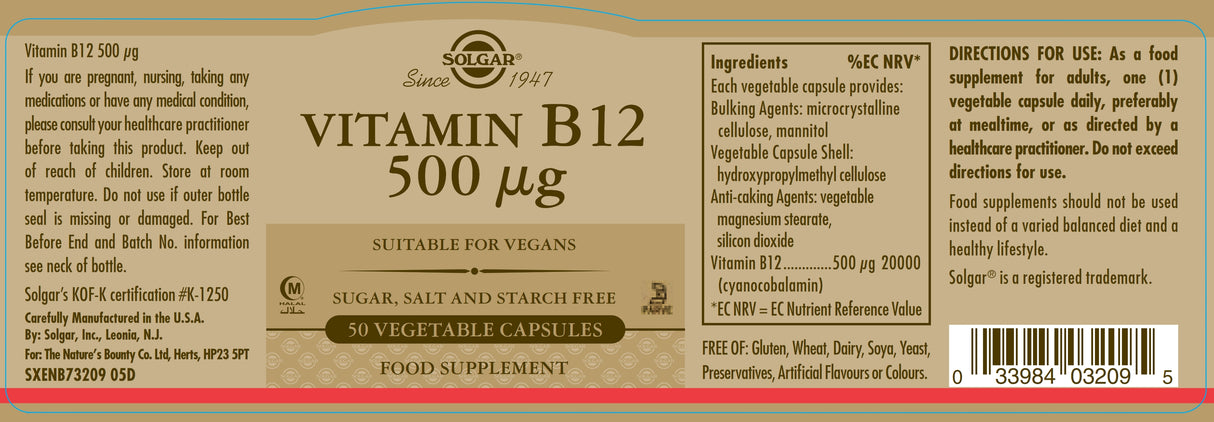 Solgar® Vitamin B12 500 µg Vegetable Capsules - Pack of 50 - Greenlands Health Store