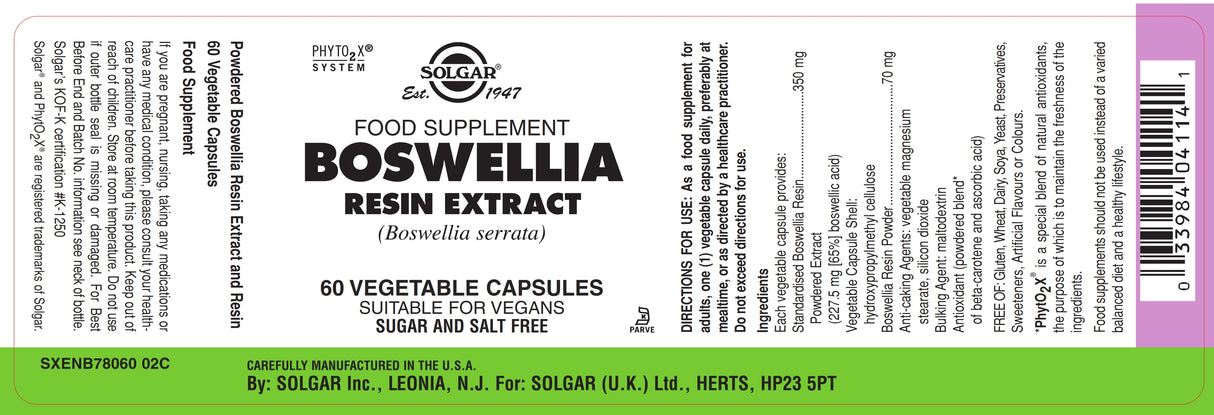 Solgar® Boswellia Resin Extract Vegetable Capsules - Pack of 60 - Greenlands Health Store