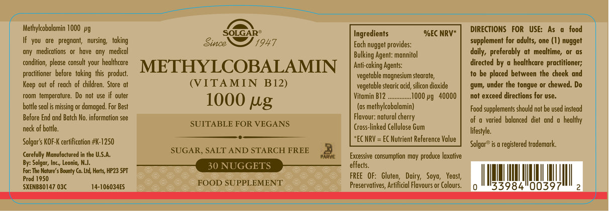 Solgar® Methylcobalamin (Vitamin B12) 1000 µg Nuggets - Pack of 30 - Greenlands Health Store