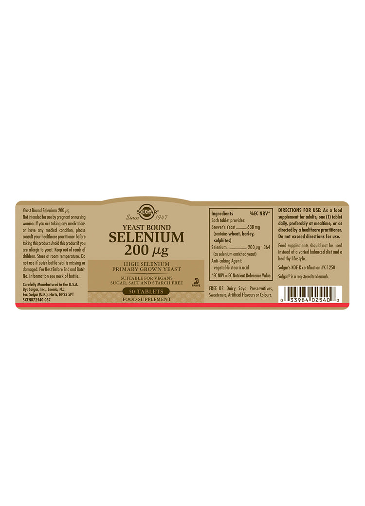 Solgar® Yeast Bound Selenium 200 µg Tablets - Pack of 50 - Greenlands Health Store