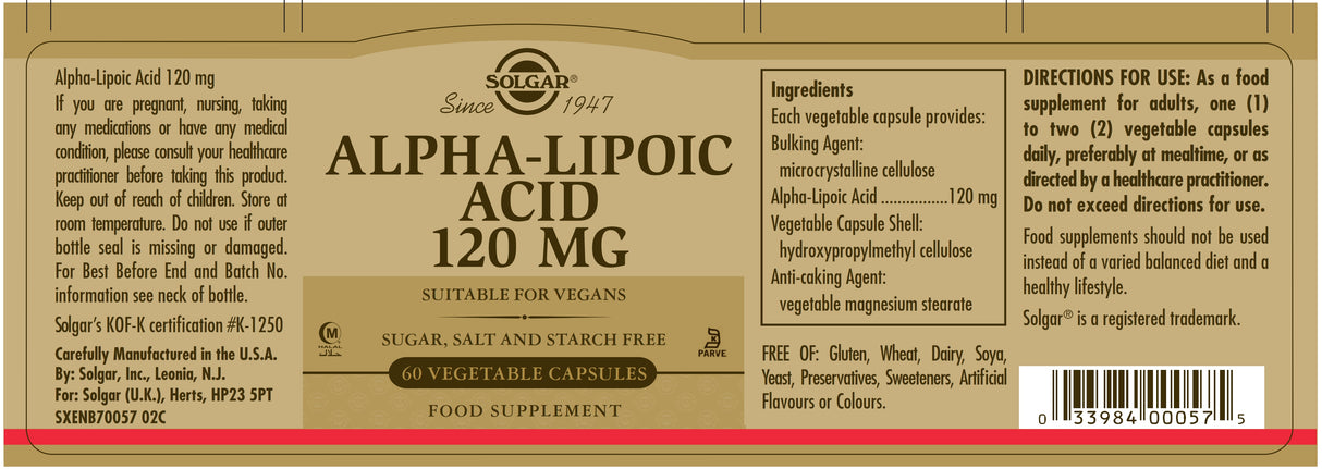 Solgar® Alpha-Lipoic Acid 120 mg Vegetable Capsules - Pack of 60 - Greenlands Health Store