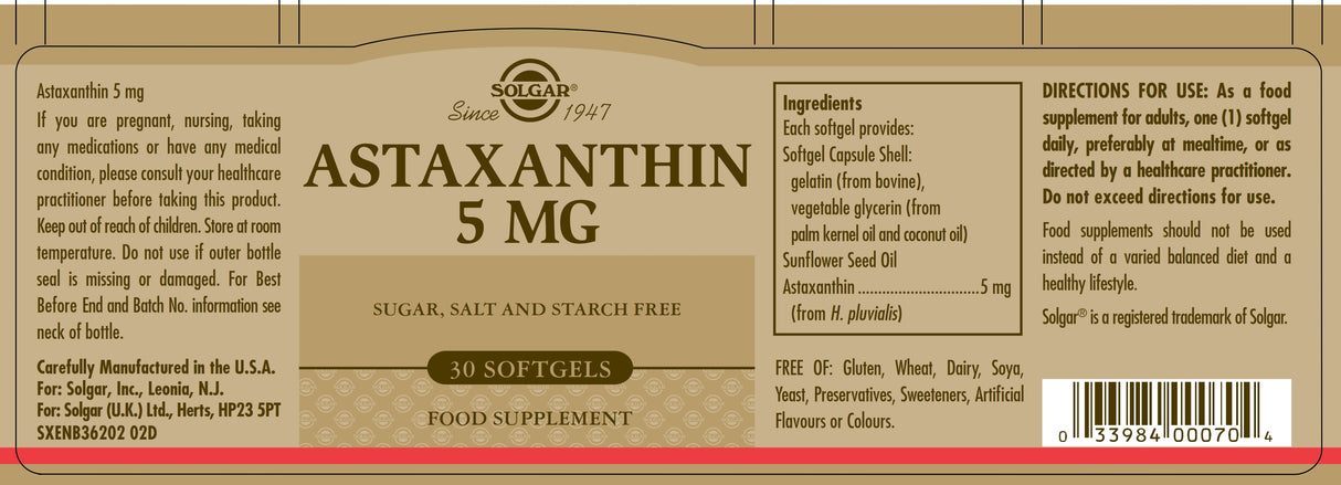 Solgar® Astaxanthin 5 mg Softgels - Pack of 30 - Greenlands Health Store
