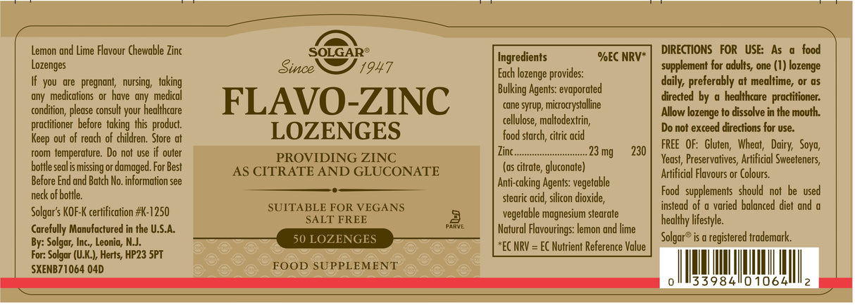 Solgar® Flavo Zinc Lozenges - Pack of 50 - Greenlands Health Store