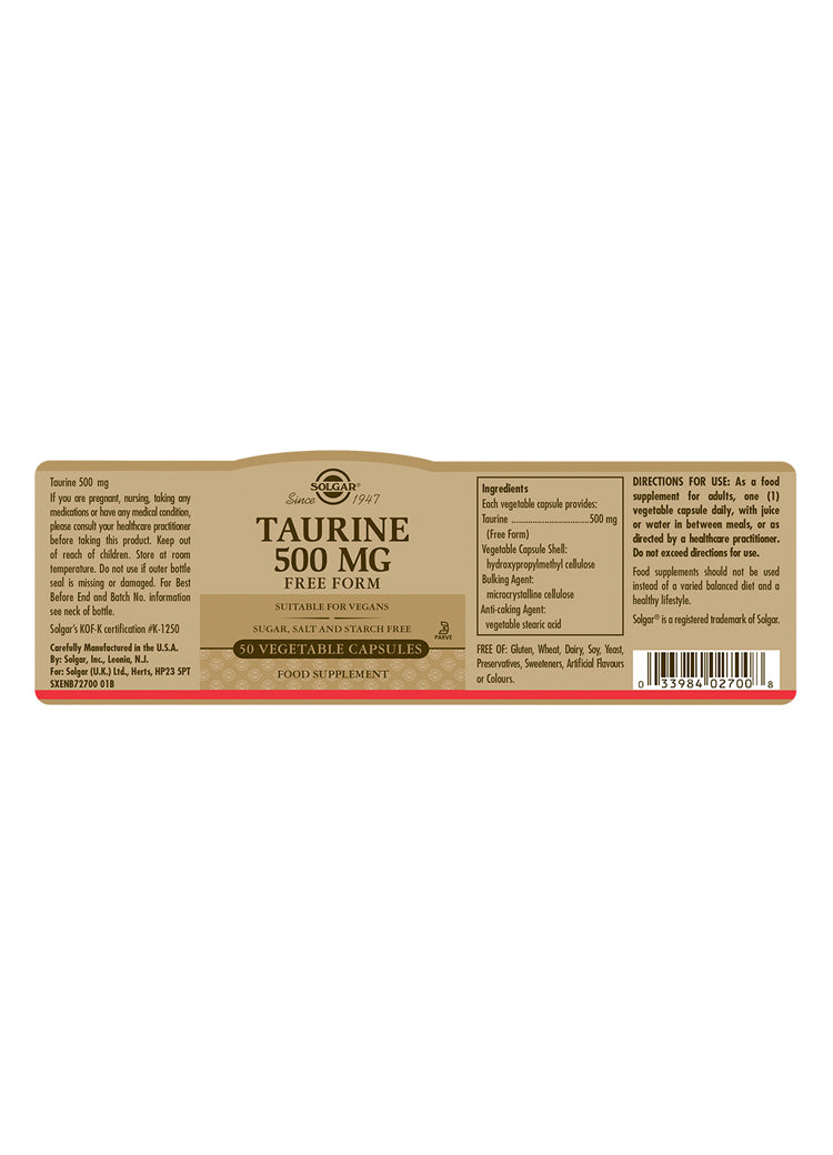 Solgar® Taurine 500 mg Vegetable Capsules - Pack of 50 - Greenlands Health Store