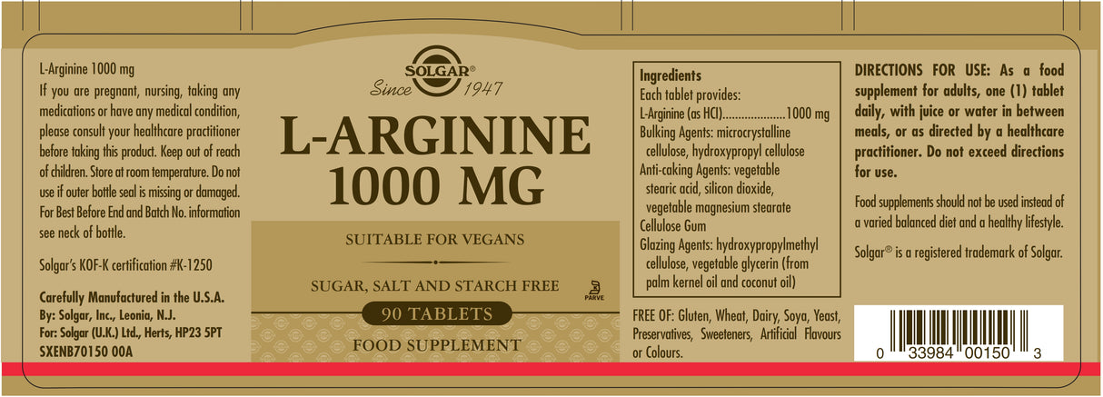 Solgar® L-Arginine 1000 mg Tablets - Pack of 90 - Greenlands Health Store