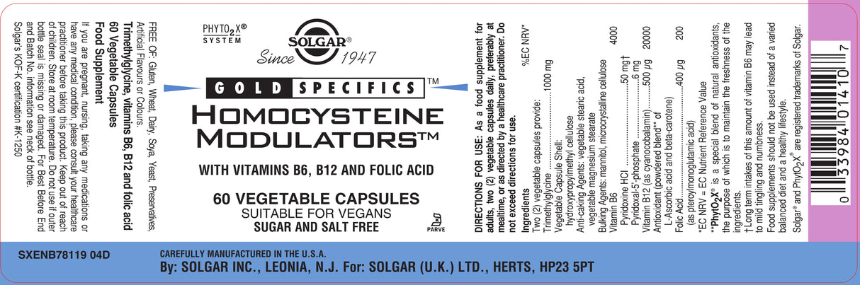 Solgar® Gold Specifics Homocysteine Modulators Vegetable Capsules - Pack of 60 - Greenlands Health Store