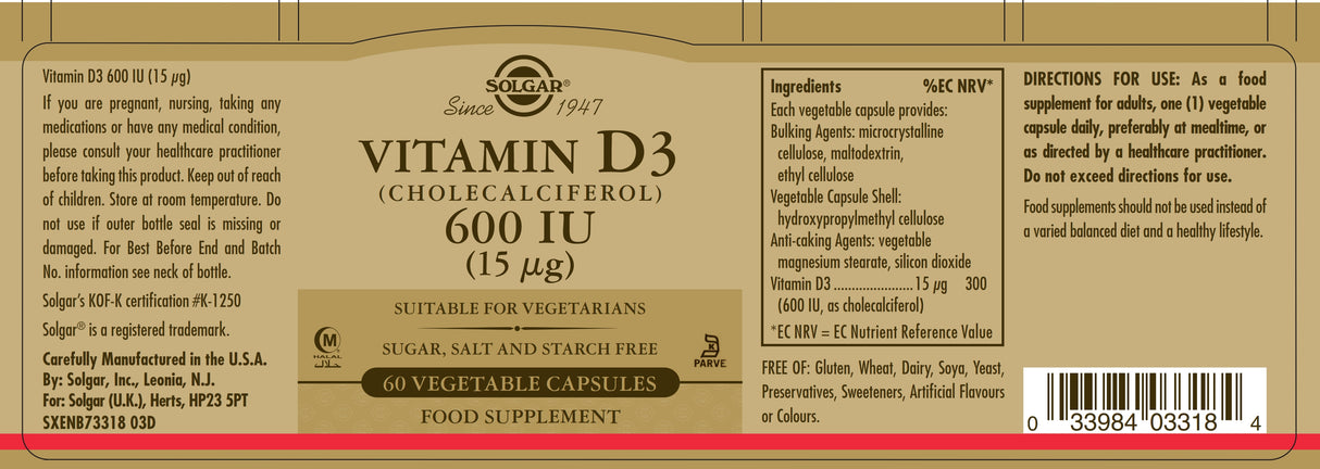Solgar® Vitamin D3 (Cholecalciferol) 600 IU (15 µg) Vegetable Capsules - Greenlands Health Store