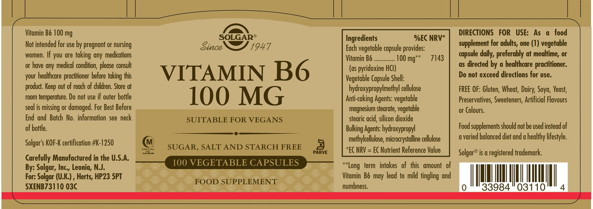Solgar® Vitamin B6 100 mg Vegetable Capsules - Pack of 100 - Greenlands Health Store