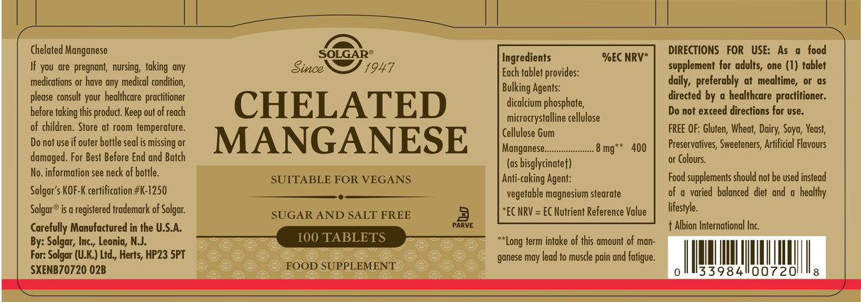 Solgar® Chelated Manganese Tablets - Pack of 100 - Greenlands Health Store