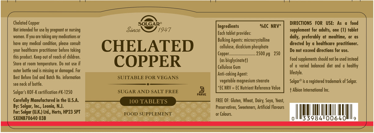 Solgar® Chelated Copper Tablets - Pack of 100 - Greenlands Health Store