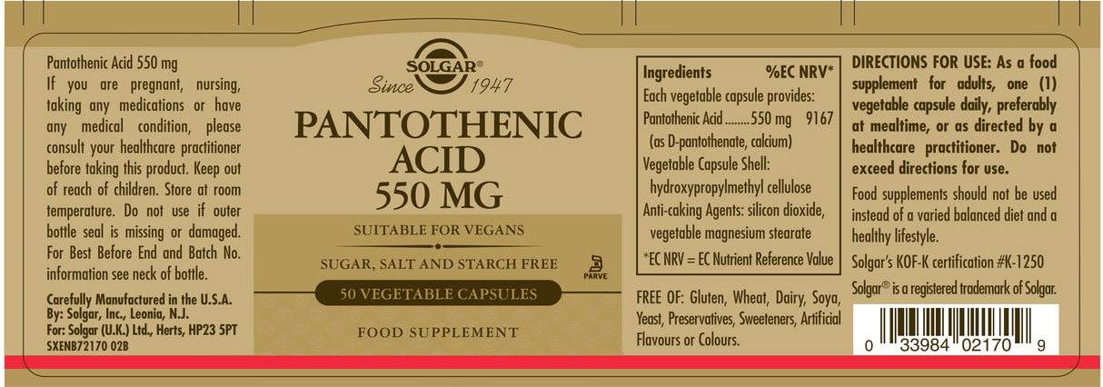 Solgar® Pantothenic Acid 550 mg Vegetable Capsules - Pack of 50 - Greenlands Health Store