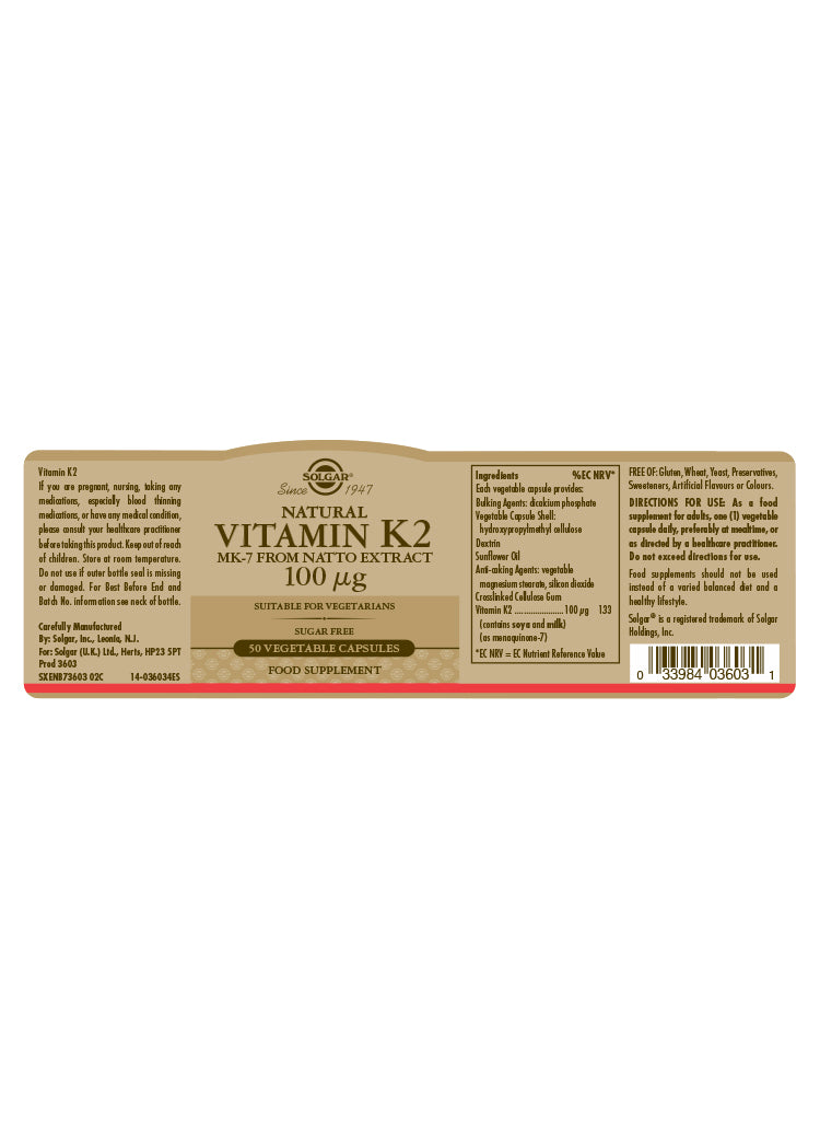 Solgar® Natural Vitamin K2 (MK-7) 100 µg Vegetable Capsules - Pack of 50 - Greenlands Health Store